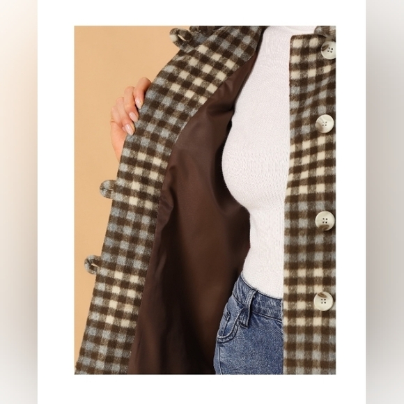 Allegra K Women's Casual Plaid Turn Down Collar Mid Length Woolen Overcoat Coffe - Picture 6 of 9